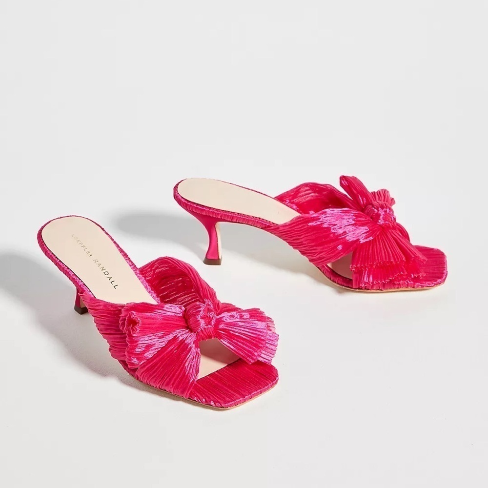 Loeffler Randall Eugenia Pleated Bow Kitten Heel Mules Fuchsia Pink, Sz 7